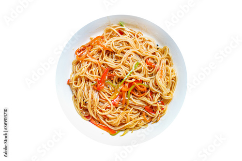 rice noodles with vegetables cellophane pasta second course food background top view copy space for text eating healthy