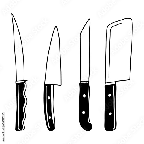 Hand drawn doodle kitchen knives, different types. Vector halloween illustration of meat cutting knife collection.
