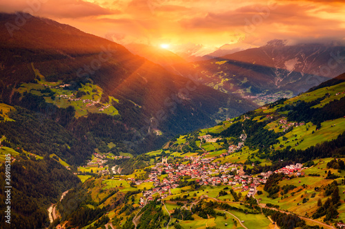 Aerial view on Flies Town At Sunset, Alps Mountains, Tirol, Austria