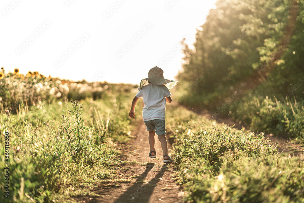 A little boy runs along the road at sunset enjoying life and nature. Happy kid in the countryside. Silhouette of a boy in the sunbeams. Fresh air, environment concept.