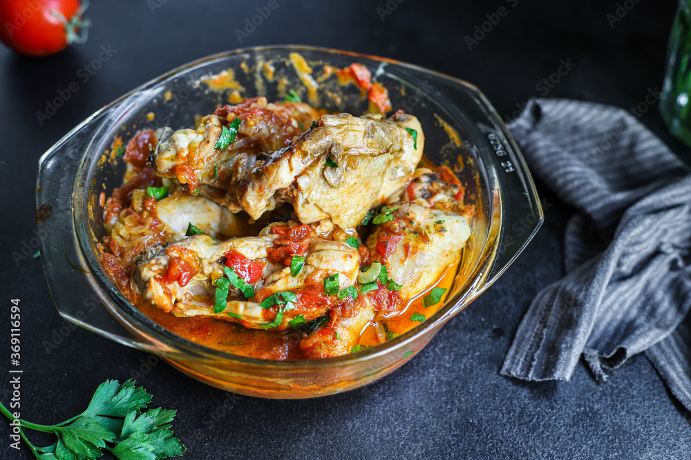 chicken meat tomato sauce chakhokhbili piece of vegetables chunk fried chashushuli second course food background top view copy space for text eating healthy chicken meat tomato sauce chakhokhbili piece of vegetables chunk fried chashushuli second course food background top view copy space for text eating healthy