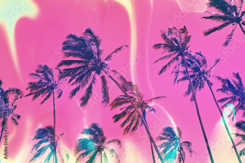 Bright pink and yellow palm trees on film photo