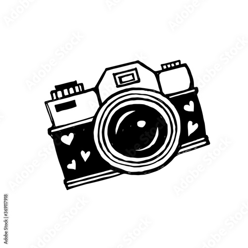 Camera with lens decorated with hearts. Hand drawn vector illustration.