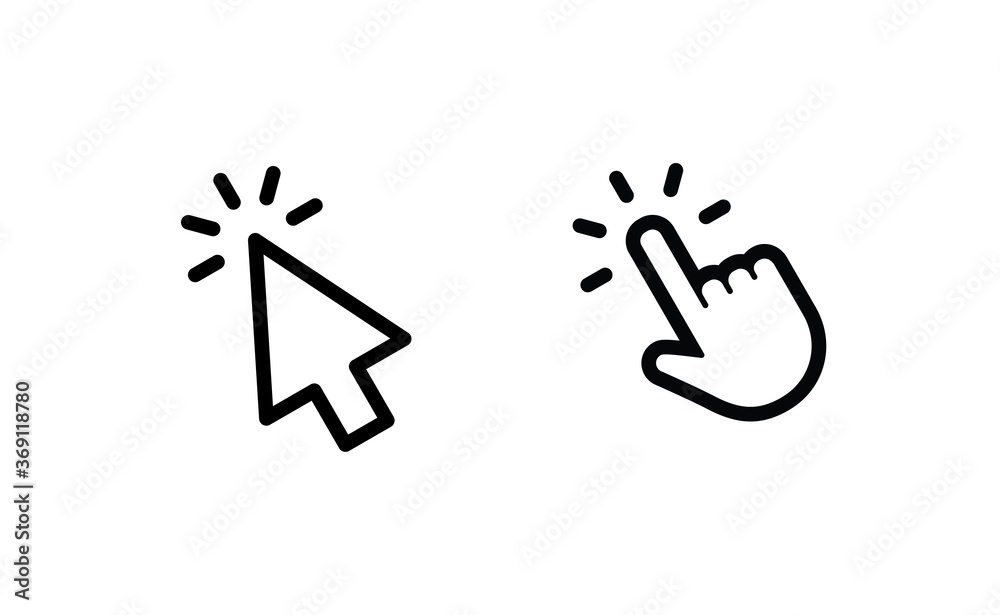 Hand and arrow clicking pointers. Click icons. Hand and arrow clicking pointers. Click icons.