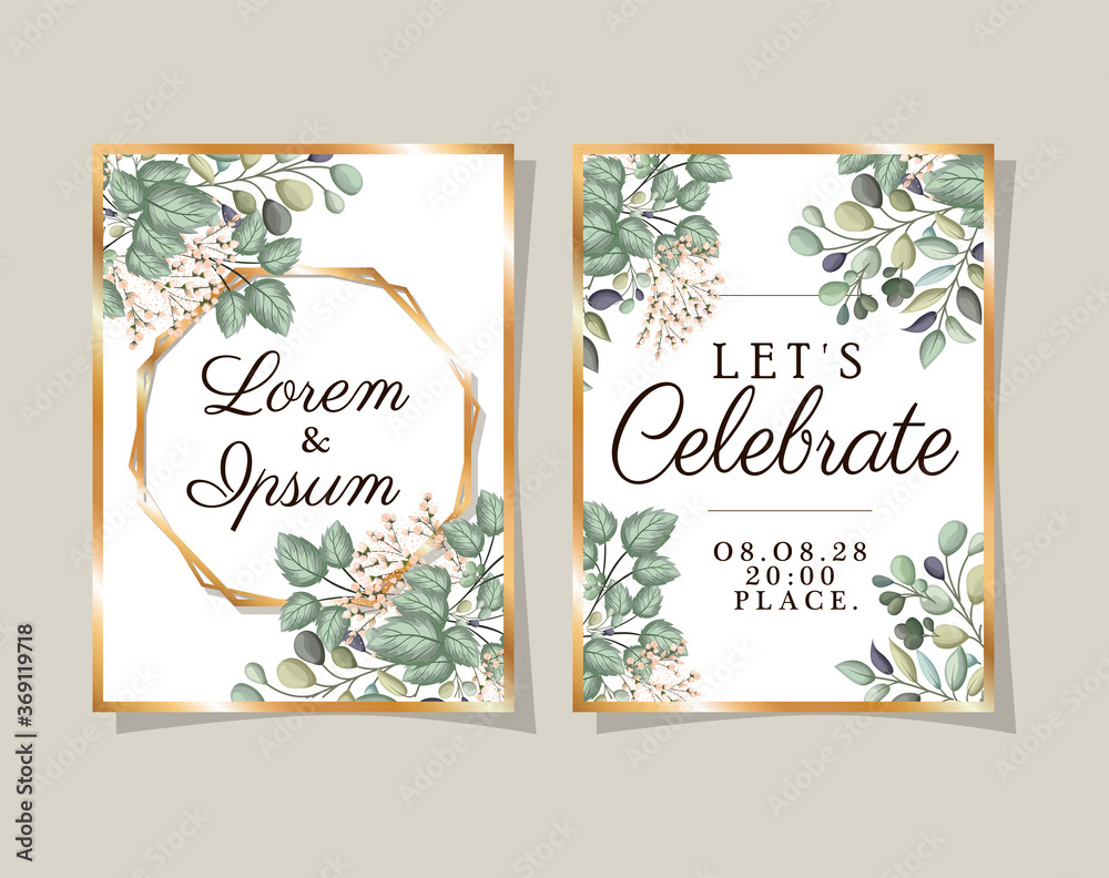 Two wedding invitations with gold frames flowers and leaves design, Save the date and engagement theme Vector illustration