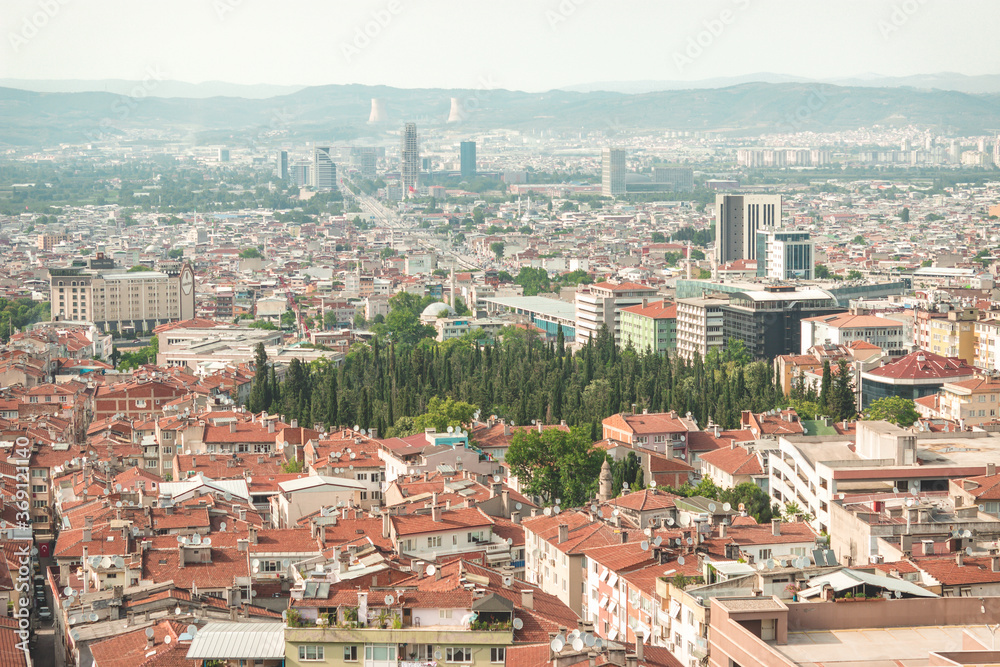 Bursa city center scene from Tophane. Top view of Yalova street. Bursa is 4th largest city in Turkey.