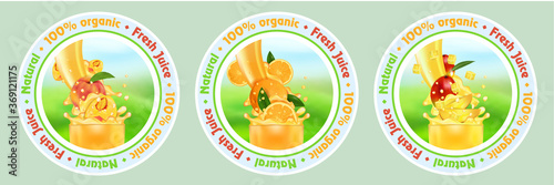 Set of round labels or stickers for fresh juice Mango, Orange, Peach. Flow of splash liquid with drops and sweet tropical fruit 3d realistic vector on the background of nature. Package design.