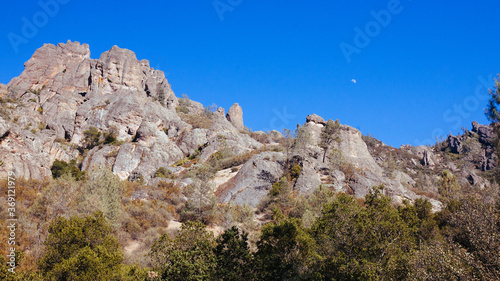 Moon over Rock Formations at Pinnacles National Park