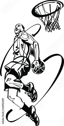 black and white cartoon illustration of a basketball player