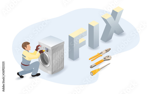 Washer, worker, isometric word Fix. Home appliance repairs concept. Vector.