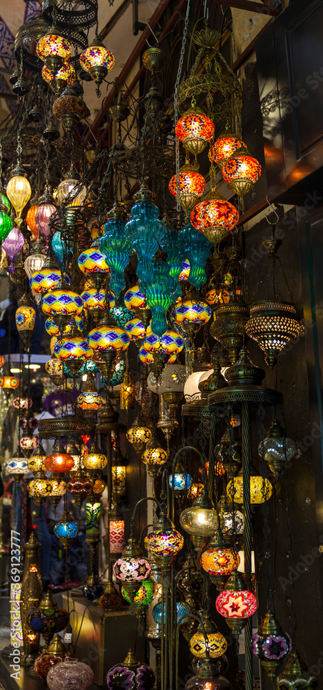 Naklejka premium A bunch of colourful turkish lamps in Grand Bazaar,Istanbul city 