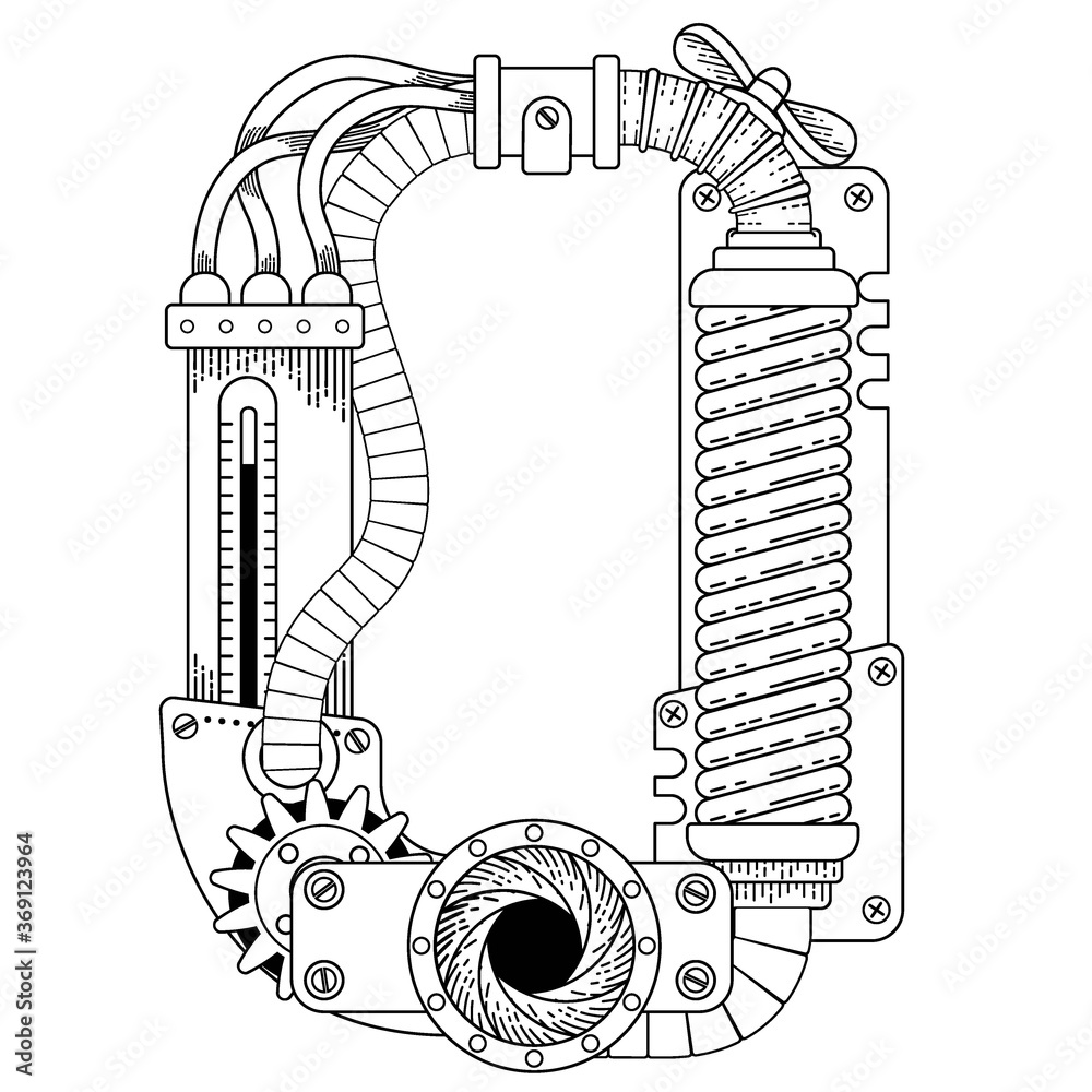 Vecteur Stock Vector coloring book for adults. Steampunk font. Mechanical  alphabet made of metal gears and various details on white background.  Capital letter O | Adobe Stock