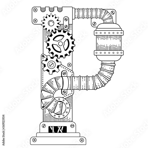 Vector coloring book for adults. Steampunk font. Mechanical alphabet made of metal gears and various details on white background. Capital letter P