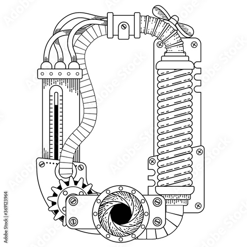 Vector coloring book for adults. Steampunk font. Mechanical alphabet made of metal gears and various details on white background. Capital letter O