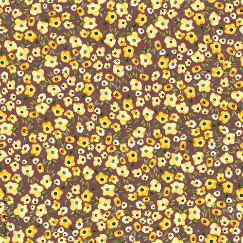 Small yellow flowers on brown background. Cute floral seamless pattern. Watercolor illustration for textile, print, wrapping, fabric, wallpaper, linen.