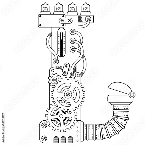 Vector coloring book for adults. Steampunk font. Mechanical alphabet made of metal gears and various details on white background. Capital letter L