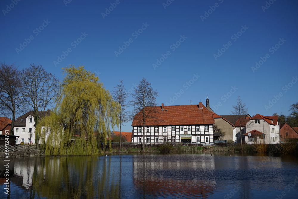 Spiegelung im Wasser an einem Teich mit Häusern