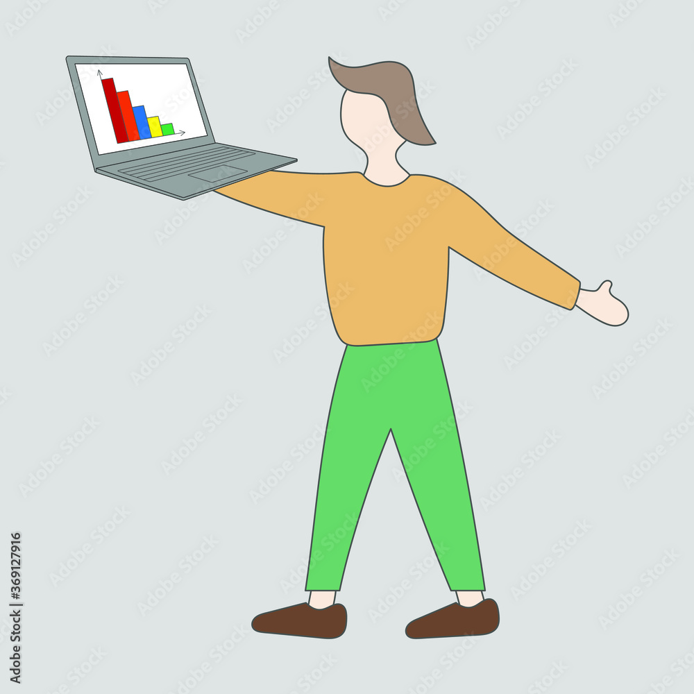 A man holds a laptop in his hand with a chart