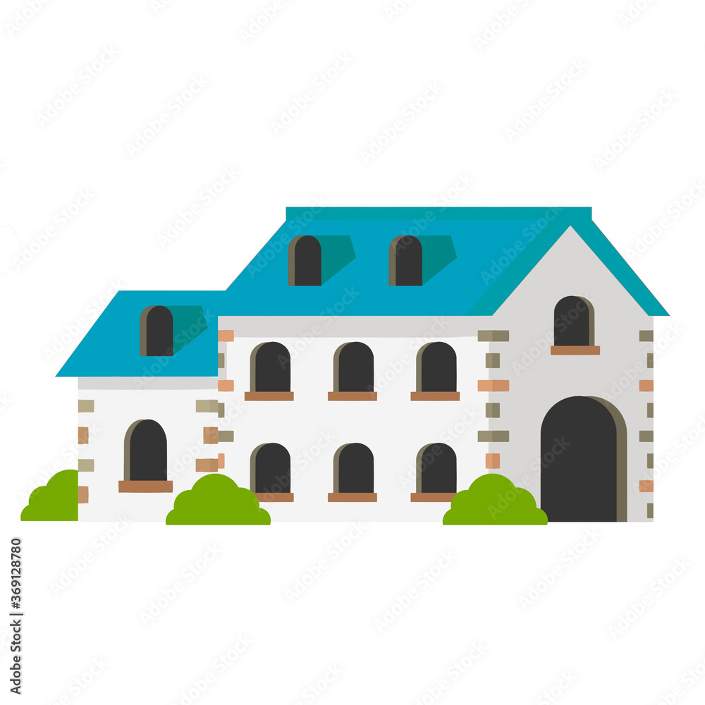 Cozy suburban house. Small town and white house. Building with Blue roof. Cottage and Villa. Element of urban landscape Cozy suburban house. Small town and white house. Building with Blue roof. Cottage and Villa. Element of urban landscape