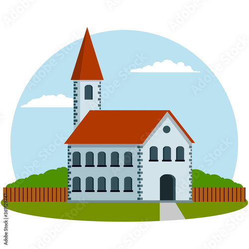 City hall with red roof. Old guildhouse. European architecture and landmark. Administration of a small town. Catholic Christian Cathedral. Cartoon flat illustration. Church with tower