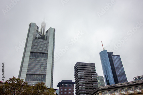 Frankfurt skyscraper buildings for business and finance at a rainy and cloudy day