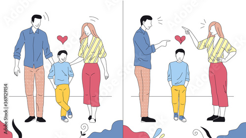 Relationship In Family Concept. Compare Of Happy And Unhappy Families. Child is Suffering Because Of a Bad Relationship And Quarrels In Family. Cartoon Linear Outline. Flat Style. Vector Illustration