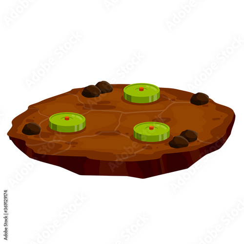 Minefield. Set of mines on ground. Rocks and grass. Explosive element of war. Cartoon flat illustration. Green lawn with bombs. Modern warfare landscape