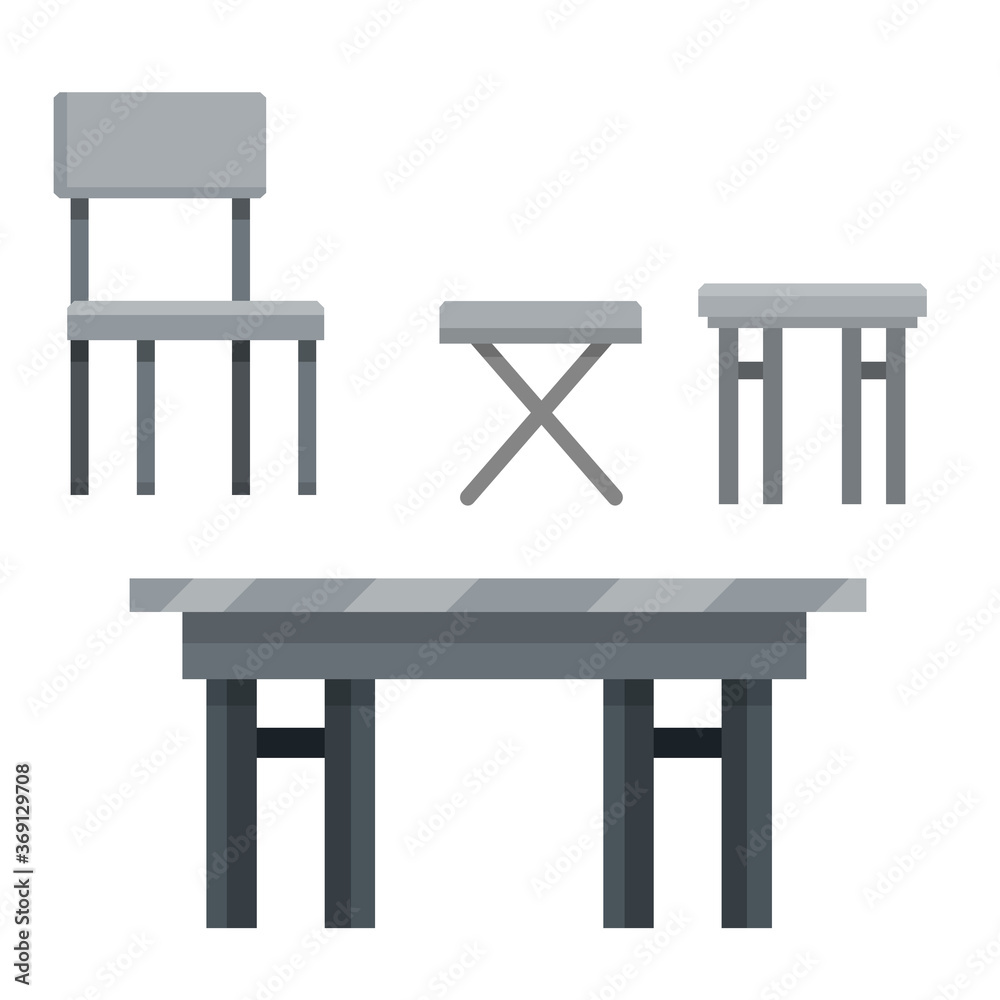 Table and set of chairs. Grey modern Kitchen furniture. Element of cafe and restaurant. Cartoon flat illustration Table and set of chairs. Grey modern Kitchen furniture. Element of cafe and restaurant. Cartoon flat illustration