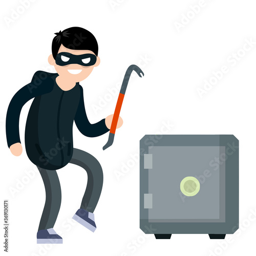 Man Thief with crowbar and Bank safe. Breaking and stealing money. Criminal problem. Male offender sneaks. Cartoon flat illustration. Guy robber in black with mask
