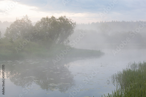 River in morning covered with fog