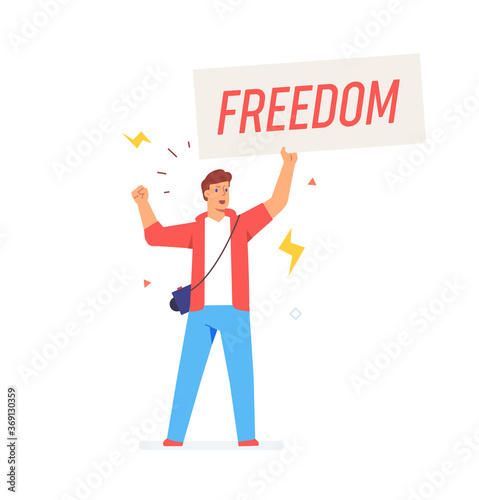 Man protesting with poster. Activist, policy, volunteer, protest. Flat illustration Icons infographics. Landing page site print poster. Eps vector.