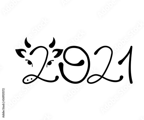 Year 2021 in the form of a bull written by hand. Bull face inscribed in number 2. Symbol of the new year