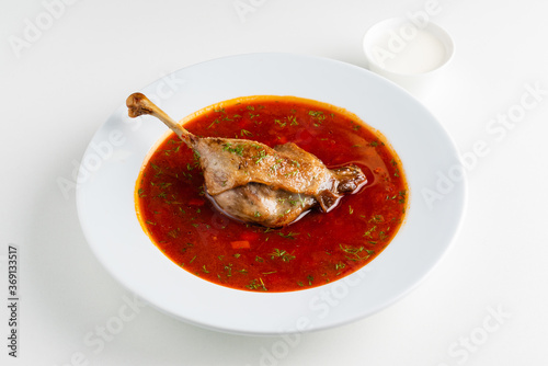 Traditional Ukrainian Russian borscht with duck leg