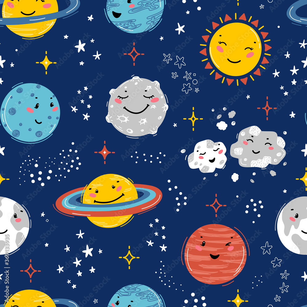 Space Seamless Pattern with Planets Solar System, Sun, Meteorite and Stars. Doodle Cartoon Cute Planet Smiling Face. Space Vector Dark Blue Background for Kids. Nursery Design, Birthday Party
