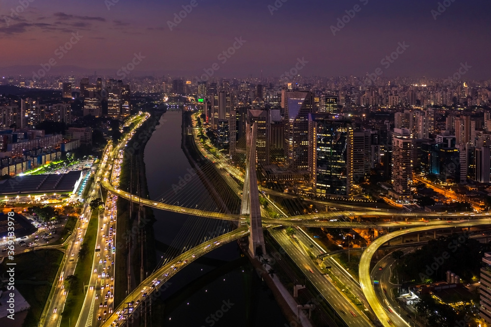 The Octavio Frias de Oliveira bridge or Estaiada Bridge, a cable-stayed suspension bridge built over the Pinheiros River in the city of São Paulo, Brazil.