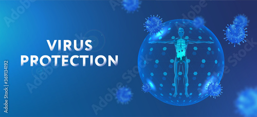 Protection of the human body from viruses with bubble shield virus. Modern illustration high immunity and an invisible antiviral shield around a person. 3D virus bacteria and person. Healthcare poster