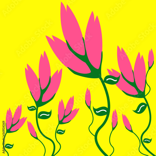 illustration of blooming rose flowers with green leaves and yellow background