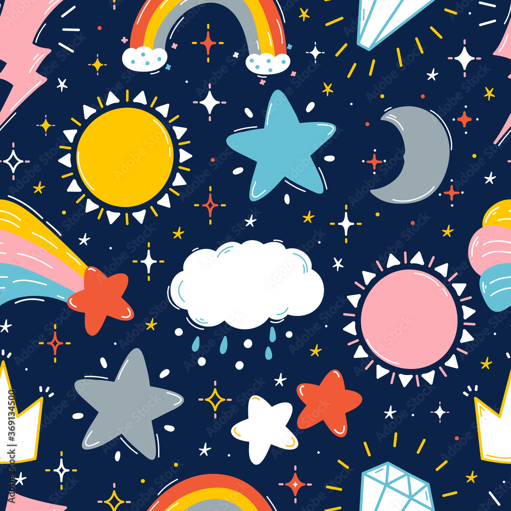Vector Bright Colorful Background with Cute Weather and Celestial bodies: Rainbow, Sun, Stars, Clouds, Moon and Jewels. Sky and Space Seamless pattern for Kids

