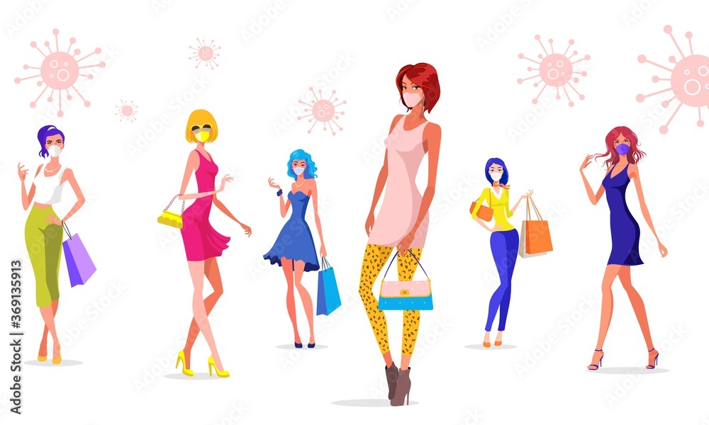 Ladies holding bags in their hands. shopping women in modern suit. Ladies wearing a medical mask pose standing up. Precautions against Covid-19 outbreak.