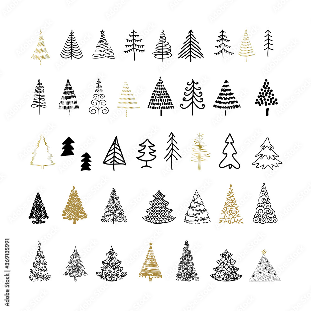 Naklejka Set of hand drawn doodle Christmas trees. Trees for New Year and Christmas greeting cards, wrapping holiday design.Vector illustration.