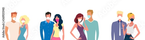 Couples wearing medical masks. Precautions against coronavirus outbreak. İsolated vector illustration.