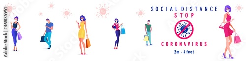 Social distance rules to prevent coronavirus outbreaks in shopping malls. People holding shopping bags and poster design. Covid 19