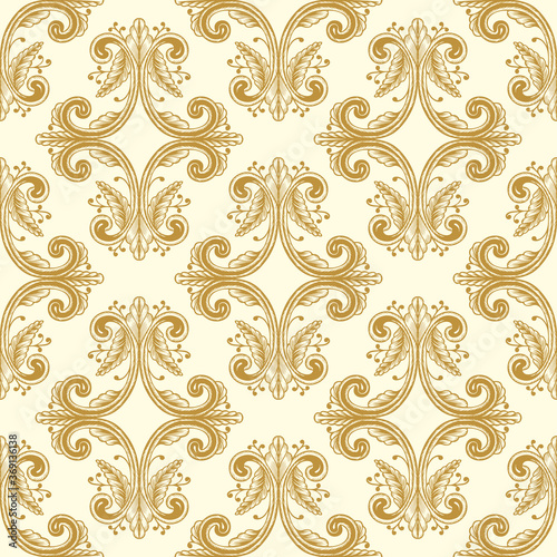 Hand Drawn Vintage damask ornamental elements endless background. Baroque scroll ornament seamless pattern. Golden Elegant abstract floral pattern in antique style 