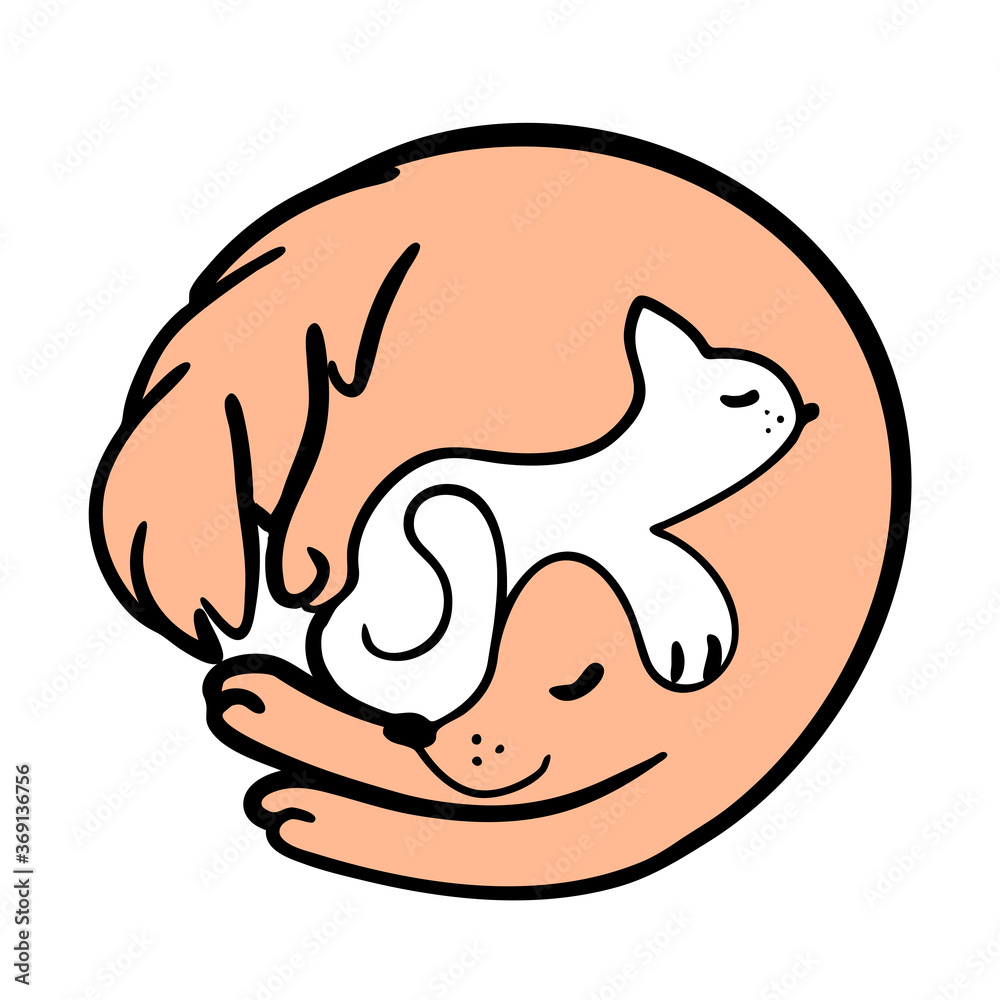 Sketch illustration with sleeping together cat and dog round logo. Funny pets greeting card in line drawing. Simple outline curl up puppy cartoon design for postcard. Resting concept isolated vector