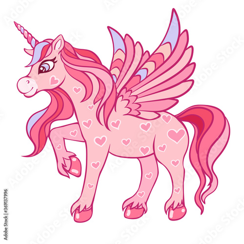 Cute magical pink unicorn with wings. Illustration for children.