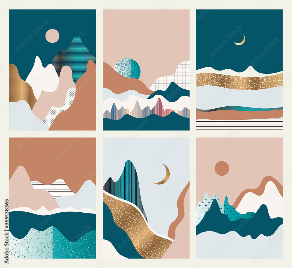Set of abstract landscapes. Vector illustration. Posters. Prints.