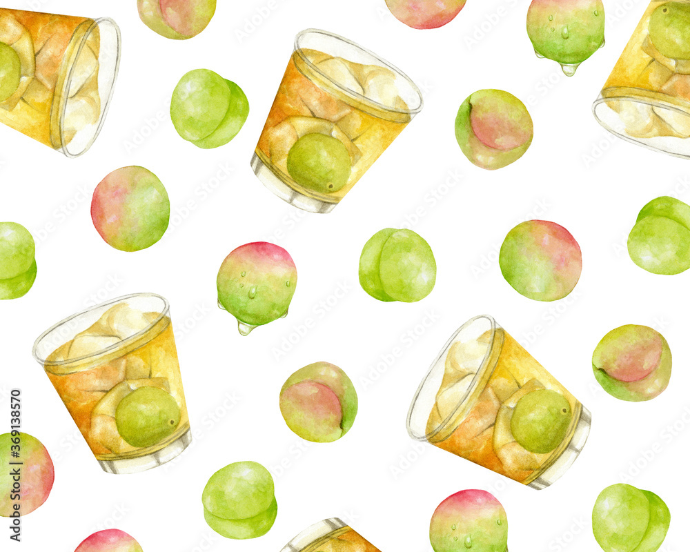 梅酒と梅 柄 模様 水彩イラスト Stock Illustration Adobe Stock