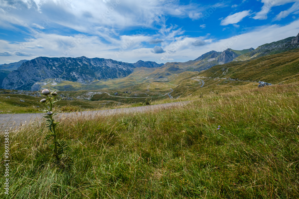 Picturesque summer mountain landscape of Durmitor National Park, Montenegro, Europe, Balkans Dinaric Alps, UNESCO World Heritage.  Durmitor panoramic road, Sedlo pass. Car models unrecognizable.