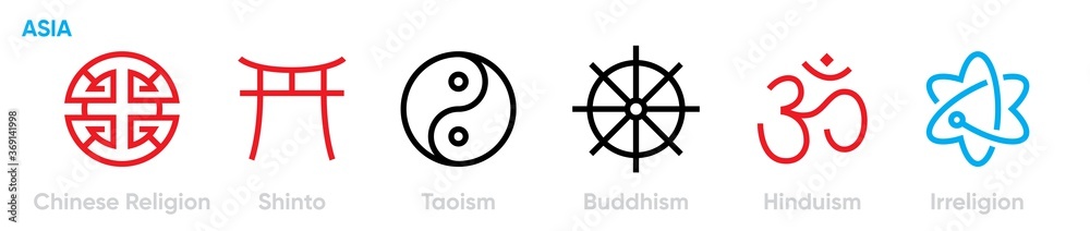 Set of distribution symbols of different world religions icons. Editable line vector.