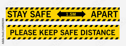 Stay safe 1.5 meters apart. Please keep safe distance. Line sticker floor. Supporting distance, floor tape, shopping malls, schools, hospitals, public places.